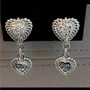 Judith Ripka Sterling Silver Blue Quartz w/CZ- Two Hearts Pierced Omega Earrings